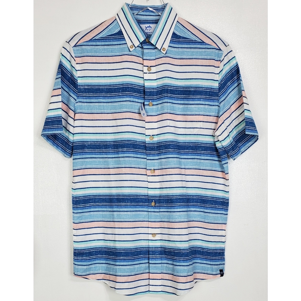 NWT Southern Tide linen blend Cooley stripe short sleeve button sport shirt blue